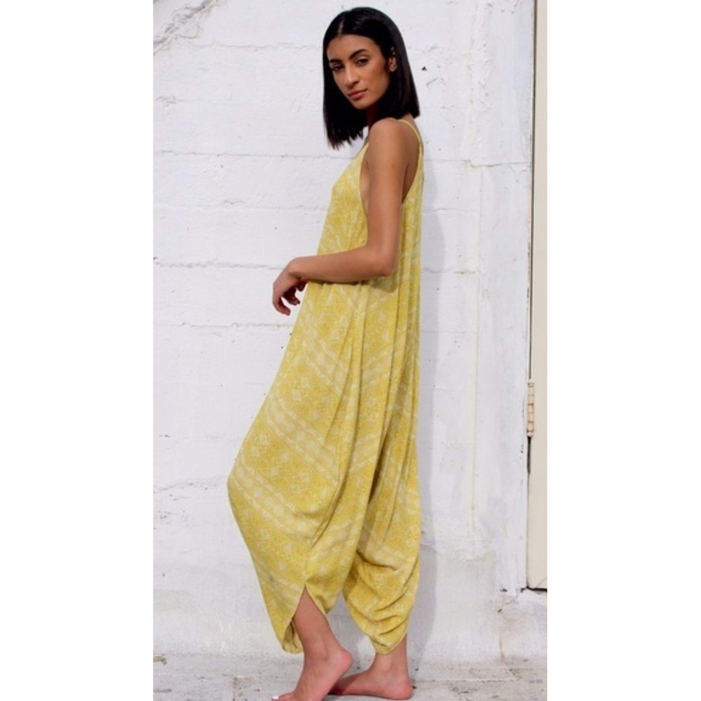 Daughters of Culture Harem Jumpsuit Women One Size Yellow Geometric Print Boho